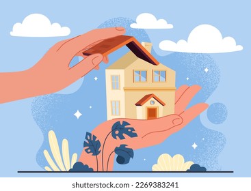 House model concept. Large hands hold beige building with open roof. Private property and real estate. Investing and trading. Urban architecture. Cartoon flat vector illustration