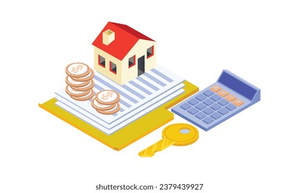 House model, house key and contract Real Estate Loans and Investment Concepts.on white background.3D design.isometric vector design Illustration.