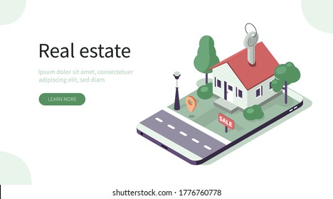 House Model with Keys Standing on Smartphone. Mobile App for Searching Houses for Renting or Buying Online. Real Estate and Property Management Concept. Flat Isometric Vector Illustration.