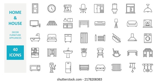 House modern interior indoor and outdoor furniture linear icons set 