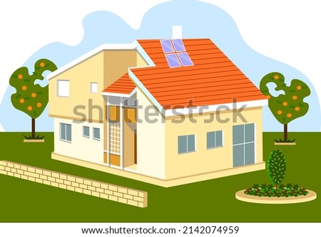 House modern trend cottage model Two-story building with solar panels for heating water Green spaces and a flower bed near the house Vector