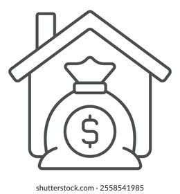 House with money bag thin line icon, real estate concept. Vector graphics. Cottage building with dollar cash packet sign on white background, outline style icon for mobile or web design
