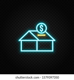 house, money, bank neon icon. Blue and yellow neon vector icon.