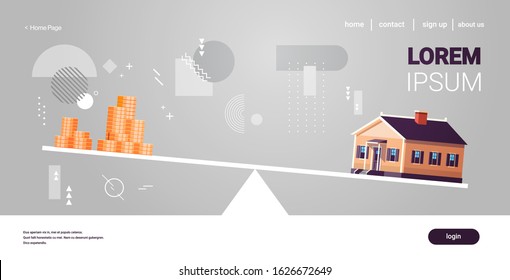 house and money cons balancing on scales real estate investing rental expense liabilities and mortgage concept horizontal copy space vector illustration