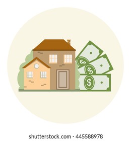 House and money dollar. Mortgage, real estate, investment concept. Save money for house. Vector illustration flat design for business financial marketing banking advertising