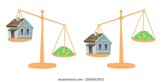 House with money on scales. Increase or decrease in value on home. Real estate costs valuation. Financial inflation. Residential building and banknotes heap imbalance. Property sell. Vector concept