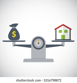 House and Money on weighing machine. Scales with house and money. Real estate, rental, expense, liabilities and mortgage concept. Vector illustration