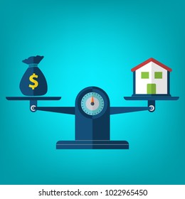 House and Money on weighing machine. Scales with house and money. Real estate, rental, expense, liabilities and mortgage concept. Vector illustration