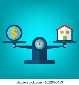 House and Money on weighing machine. Scales with house and money. Real estate, rental, expense, liabilities and mortgage concept. Vector illustration