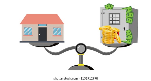 House money scales concepts with a house on one side and money on the other. Business concept of real estate