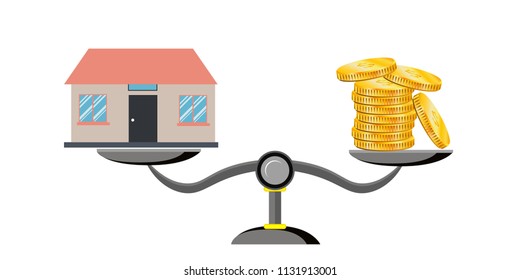 House money scales concepts with a house on one side and money on the other. Business concept of real estate
