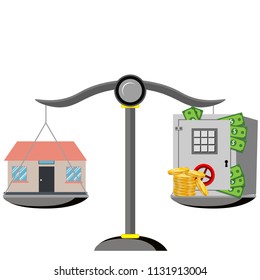 House money scales concepts with a house on one side and money on the other. Business concept of real estate