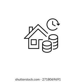 House, money stack and clock. Scheduled home maintenance and repairs. Mortgage or rent deadlines. Pixel perfect, editable stroke vector icon