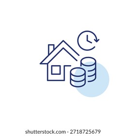 Haus, Geldstapel und Uhr. Geplante Instandhaltung und Reparaturen zu Hause. Fristen für Hypotheken oder Mieten. Pixel perfekt, bearbeitbares Strichvektorsymbol