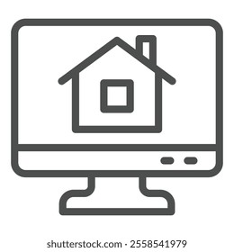 House at monitor screen line icon, real estate concept. Vector graphics. Display with cottage building sign on white background, outline style icon for mobile or web design