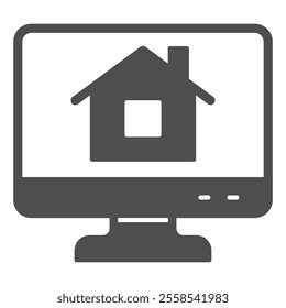 House at monitor screen solid icon, real estate concept. Vector graphics. Display with cottage building sign on white background, glyph style icon for mobile or web design