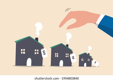 House or mortgage affordability calculation, picking new home base on budget, income or lifestyle concept, businessman hand wisely think to picking different variant houses with price tag. svg