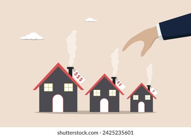 House or mortgage affordability calculation, picking new home base on budget, businessman thinking to choose different home variants with price tags.