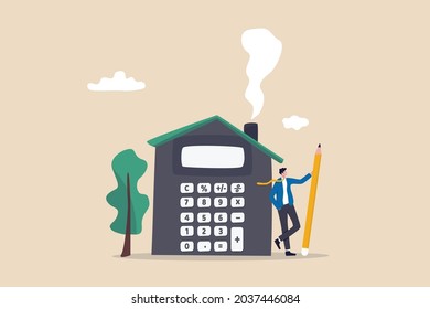 House mortgage calculation, residential budget, insurance or cost and expense, real estate investment or home refinance money concept, businessman agent or broker holding pencil with house calculator