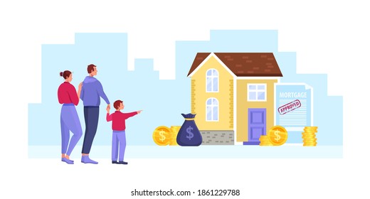 House mortgage cartoon vector illustration with happy family, building, money, contract. Rent or loan insurance real estate concept with cottage, coin stacks, downtown outline. House mortgage clipart