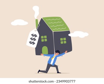 House mortgage concept. Overpay in real estate, too much invest or expense to pay for debt and loan in economic crisis, tried depressed office worker man carrying house with expensive price tag.