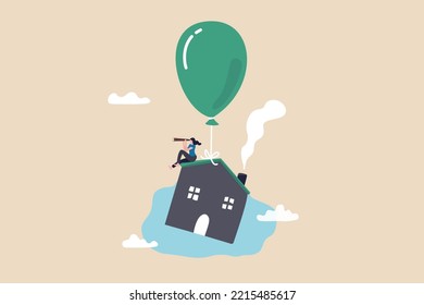 House mortgage interest rate rising up, home loan impact from inflation, real estate price bubble or housing investment opportunity concept, home owner with telescope on flying house with balloon.