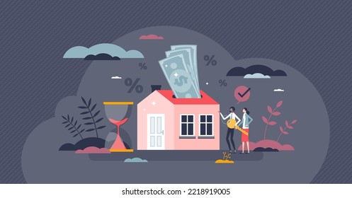 House mortgage payments for purchased family real estate tiny person concept. Residential property investment with long term expenses and percentage bill vector illustration. Bank loan to buy new home