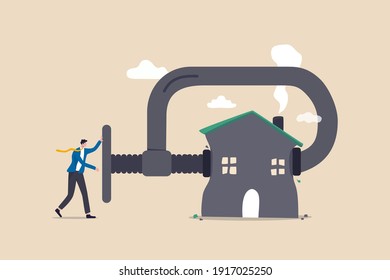 House mortgage refinance, reduce cost and interest payment, manage budget to pay for best house deal concept, businessman home owner using big clamp to squeezing house metaphor of refinancing mortgage