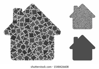 House mosaic of irregular pieces in variable sizes and color tones, based on house icon. Vector irregular pieces are organized into illustration. House icons collage with dotted pattern.