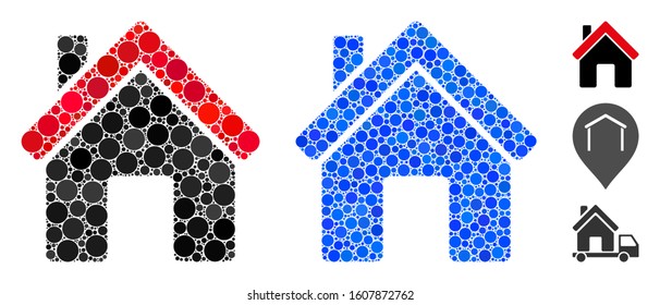 House mosaic of small circles in various sizes and color hues, based on house icon. Vector random circles are grouped into blue collage. Dotted house icon in usual and blue versions.