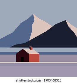 
The house, the mountain background, the water used as a symbol vector.