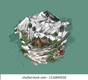 House in mountain landscape, Hand Drawn Sketch Vector illustration.