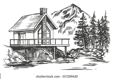 house in mountain landscape  hand drawn vector illustration realistic sketch