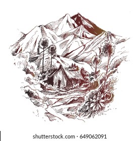 House in mountain landscape, Hand Drawn Sketch Vector illustration.