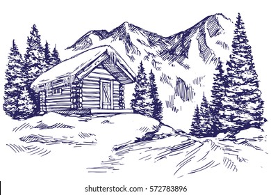 House In Mountain The Snow Landscape Hand Drawn Vector Illustration Sketch