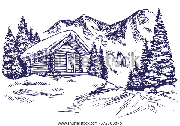 House Mountain Snow Landscape Hand Drawn Stock Vector (Royalty Free ...