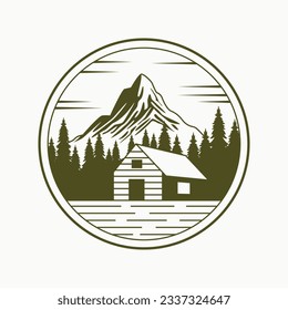 House and mountain vector emblem design. Travel cabin vector logo template.