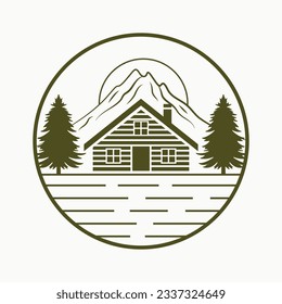 House and mountain vector emblem design. Travel cabin vector logo template.