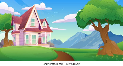 House with mountain views in cartoon style. Beautiful mansion, mountains, trees, illustration in cartoon style. Vector illustration