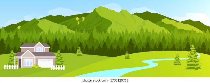 House in mountains flat color vector illustration. Green hill and coniferous forest fir trees. Rural nature scenery. 2D cartoon peaceful landscape with woodland and village lodge on background