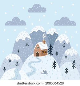 House in the Mountains. Flat Style. Winter Seasonal illustration for print, banner, background, greeting and invitation cards design and decoration