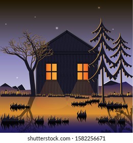 House in the mountains. Forest edge. The flat landscape. Vector illustration