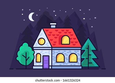 House in the mountains and forest in flat outline style. Vector