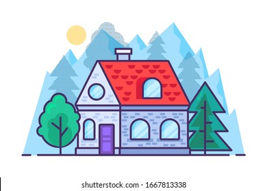 House in the mountains and forest in flat outline style. Vector