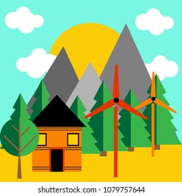 A house in the mountains with a forest and with wind generators. Vector picture flat illustration 