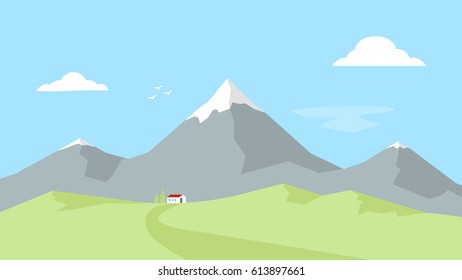 House in the mountains. Landscape with Mountain Peaks. Outdoor recreation. Vector flat illustration.