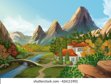 House in the mountains, nature landscape, vector background