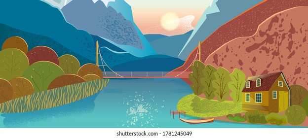 House in the mountains on the lake. Mountain landscape. Vector illustration.