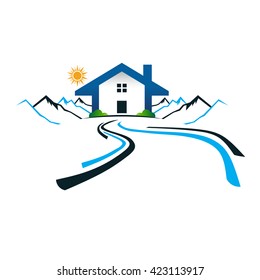 House in the mountains with road logo. Vector graphic design