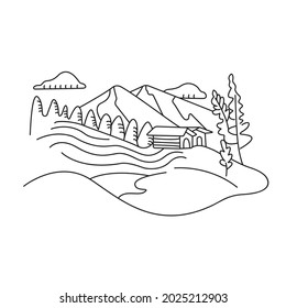 House in the mountains in the style of linocut. Illustration of a farmhouse. Cozy house in nature